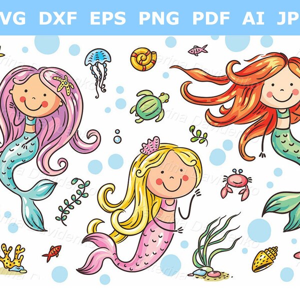 Cartoon mermaid clipart for kids. Printable stickers mermaid and sea life set. Digital download