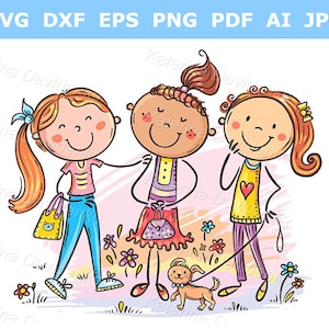 Ilustración de adolescentes con garabatos de dibujos animados. Niños felices paseando por el parque.