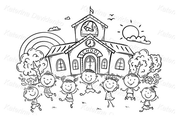Happy Cartoon Children Playing in Front of School Building - Etsy Hong Kong Happy Cartoon Children Playing in Front of School Building - Etsy Hong Kong