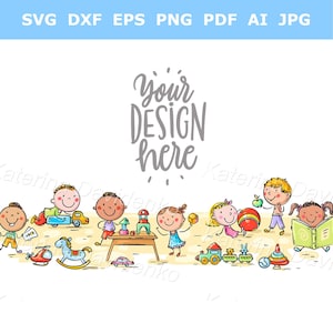 Dibujos de niños pequeños jugando con juguetes. Imágenes prediseñadas de actividades para niños de preescolar, niños y niñas felices en primaria, vectores infantiles.