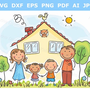 Doodle family with two children near their house. Cute cartoon family clipart. Happy parents with kids clipart.