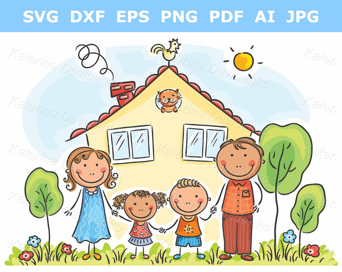 Doodle Cartoon Family With Two Children Near Their House Etsy