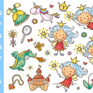 Cartoon fairy clipart for children. Dragon, little fairy, unicorn, castle PNG SVG pictures. Vector illustration, digital download