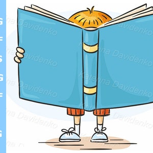May include: A cartoon illustration of a person reading a blue book. The book is open and the person is holding it with both hands. The person is wearing red shorts and blue shoes.