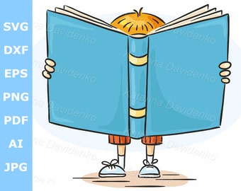 Cartoon school boy is a reading a big book - Kid clipart illustration - Children education image