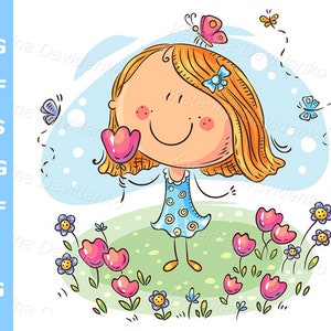 Leuk meisje bloemen plukken in de wei. Happy cartoon kinderen clipart. Illustratie voor winkeldisplay voor kinderen, voor verjaardagskaartjes