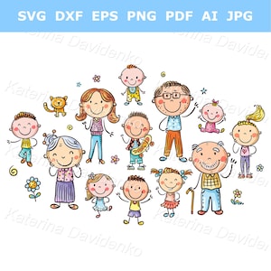 Colección de adorables dibujos de familiares, personajes aislados, imágenes prediseñadas familiares. Abuelo y abuela (PNG), padres (SVG), imágenes prediseñadas de niños felices.