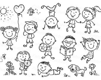 線画の幸せな子供たちのクリップアートセット。手描きの棒人間のような