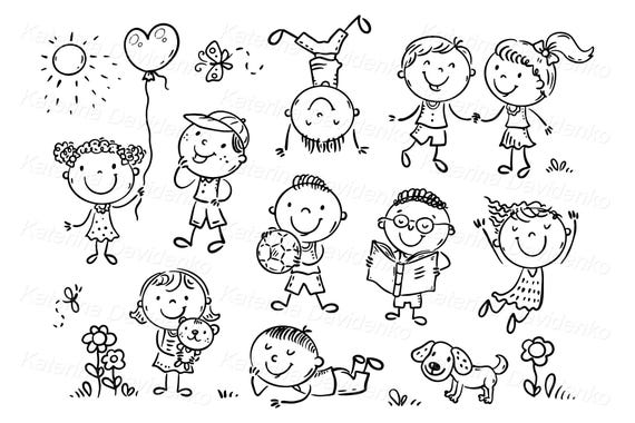 E5白黒画「はじめての子供」 線画の幸せな子供たちのクリップアートセット。手描きの棒人間のような