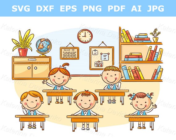 Cartoon School Kids in the Classroom at the Lesson. Back to School Clipart.  Happy Children Sitting at Desks at School, Digital Download - Etsy Finland