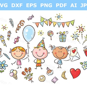 Kids and party things clipart set. Kids party svg png digital download. Birthday clipart set. Children party clipart