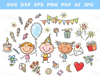 Set di clipart per bambini e feste. Download digitale di file svg e png per feste per bambini. Set di clipart per compleanni. Clipart per feste per bambini.
