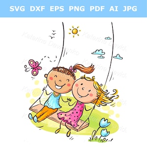 Imágenes prediseñadas de niños adorables. Niños felices de dibujos animados en un columpio. Dos niñas columpiándose juntas. Niños jugando al aire libre. Temporada de verano.