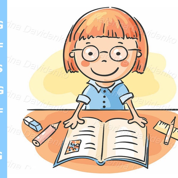 Cartoon little girl reading a book at the table, happy child doing school homework, kids clipart, digital download