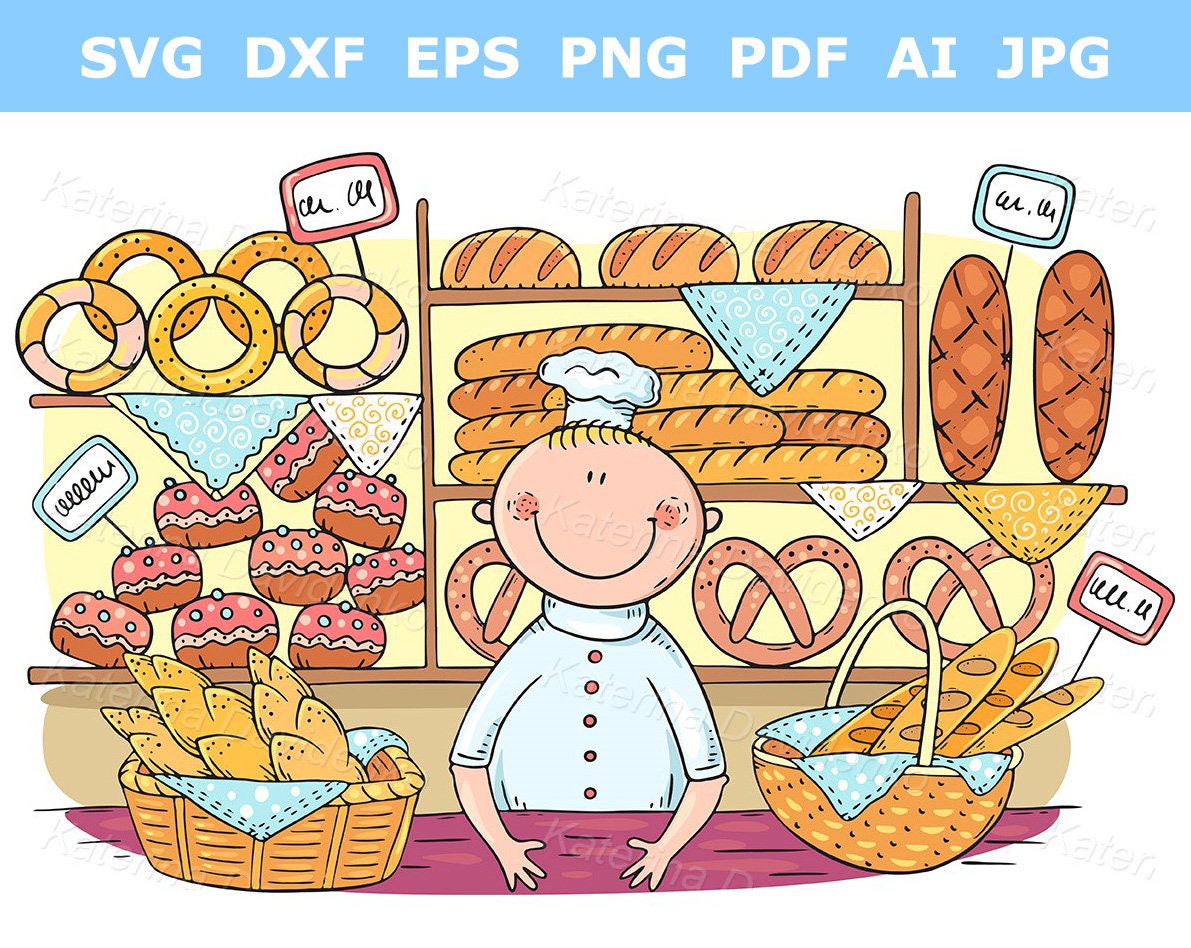 Cartoon Baker Selling Bread and Buns at the Bakery Clipart - Etsy