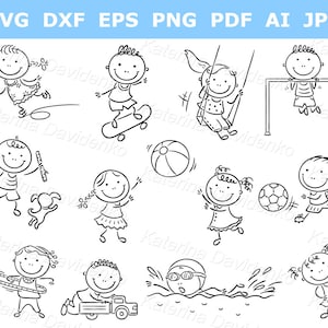 Cartoon kids outdoor activities - black and white clipart - children sports and games svg pdf illustrations