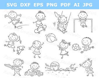 Cartoon kids outdoor activities - black and white clipart - children sports and games svg pdf illustrations