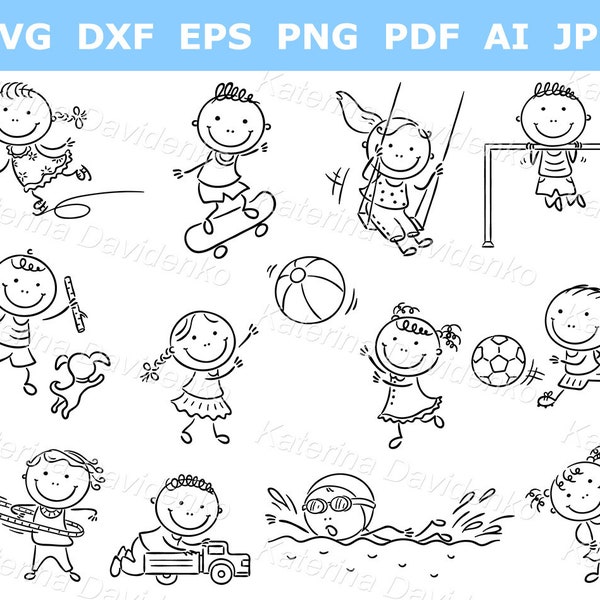 Cartoon kids outdoor activities - black and white clipart - children sports and games svg pdf illustrations