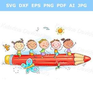 Niños felices de dibujos animados con garabatos montando un lápiz, niños divertidos y lindos sentados en un lápiz, niño y niñas creativos, pancarta educativa, clipart de niños felices