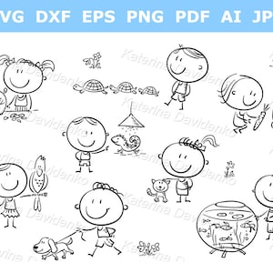 Black and white set of cartoon happy kids and pets, children clipart, outline illustration