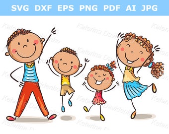 Cartoon happy family clipart, doodle parents with children jumping with joy. Kids with mother and father standing in a row
