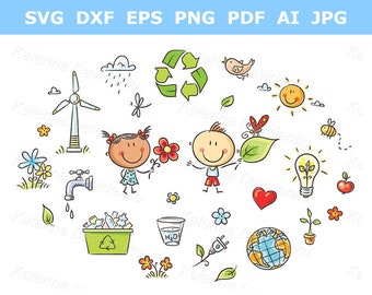 Doodle cartoon kids clip art, ecology concepts. Green energy clipart, recycling symbol, environment conservation vector illustration