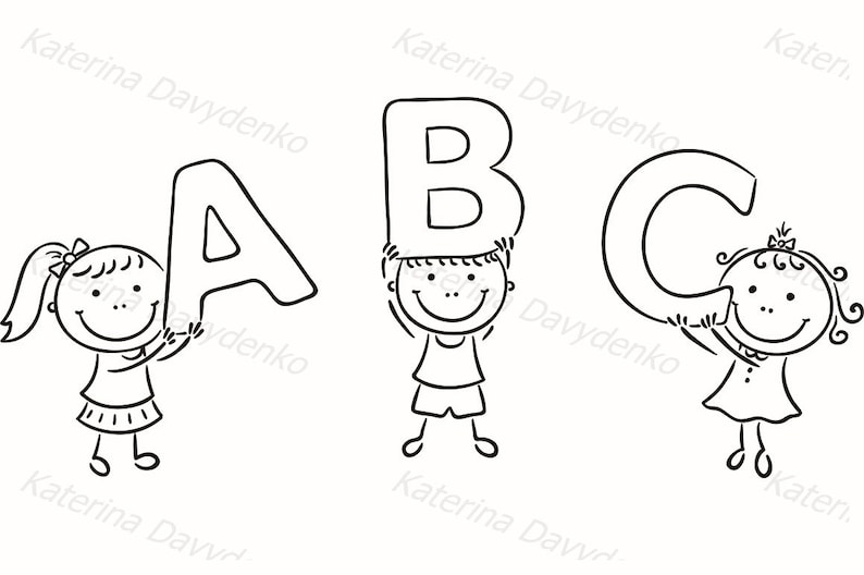 Happy Cartoon Kids Holding ABC Letters. Doodle Children Clipart. Hand ...