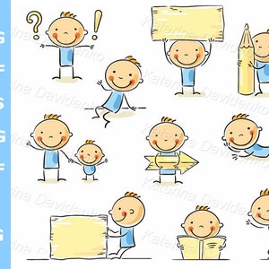 Stick figure cartoon kids in different poses with banner signs and objects
