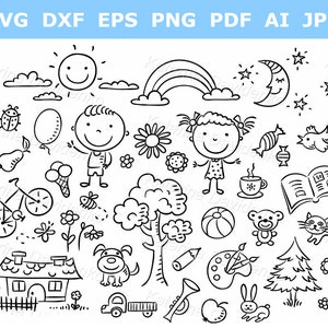 Elementos de diseño para niños, clipart, vector de contorno, archivos vectoriales SVG, PDF y PNG para niños, ilustraciones infantiles en blanco y negro para colorear libros.