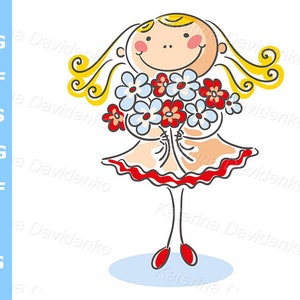 Cartoon happy girl with flowers clipart, doodle kid with bouquet of flowers