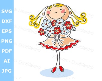 Cartoon happy girl with flowers clipart, doodle kid with bouquet of flowers