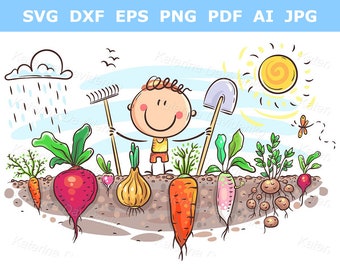 Happy cartoon kid farmer has grown a lot of vegetables - Vector illustration clipart - Healthy food