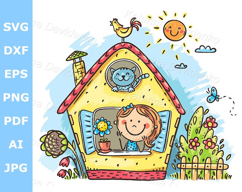 May include: A cartoon illustration of a yellow house with a red roof. A girl with brown hair is looking out of the window. A blue cat is looking out of a window on the upper level of the house. There is a yellow bird with a red comb on the roof of the house. The house is surrounded by green grass and flowers.