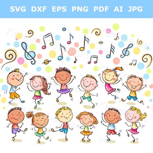 Conjunto de imágenes prediseñadas de niños felices de dibujos animados. Grupo de niños bailando. Imágenes prediseñadas de niños divertidos bailando juntos. Niños saltando de alegría