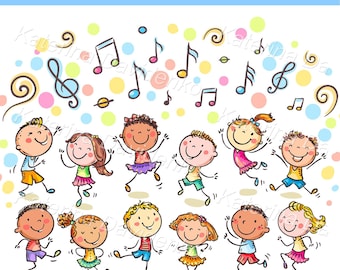 Happy cartoon kids clipart set. Group of dancing children. Funny kids dancing together clip art. Doodle kids jumping with joy