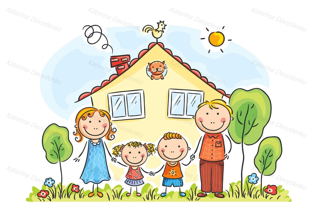 Familie mit zwei Kindern in der Nähe ihres Hauses. Familie Etsy