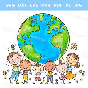 Niños felices de dibujos animados de diferentes edades y nacionalidades con el globo como símbolo de paz y unidad mundial, comunicación global.
