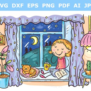 Cartoon girl drinks tea. Cute young woman reading a book, vector illustration for branding, for advertisements, ready-to-use
