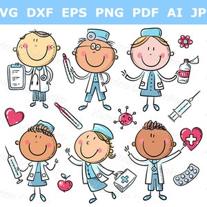Niños dibujados a mano con disfraces de médicos, divertidos dibujos animados de médicos para niños, personajes garabatos, atención médica, clipart médico, figura de palo