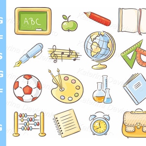 Ensemble de 16 objets scolaires représentant différentes matières. Clipart école de l'éducation. Livre, sac à dos, globe Images PNG SVG