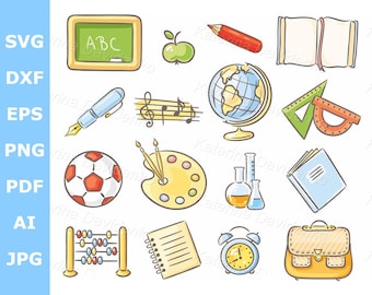 Set of 16 school thing representing different subjects. Education school clipart. Book, backpack, globe PNG SVG pictures