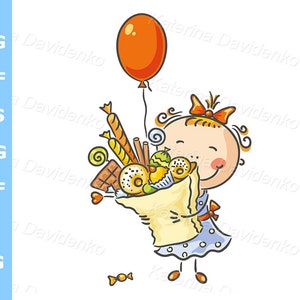 Cartoon kid birthday clipart. Happy doodle girl with lots of sweets has birthday. Cartoon child clipart, greeting card svg