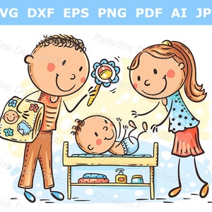 Doodle family clipart. Cartoon parents changing their baby's diaper. Family restroom for changing nappy, vector illustration