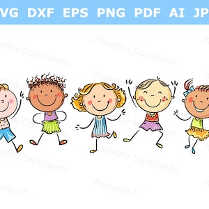 Figuras de palitos SVG - dibujos animados de niños felices en fila - niños saltando de alegría