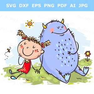かわいい漫画の子供とフレンドリーなモンスターのクリップアート、ストーリーブックのデジタルイラスト、気まぐれな子供のアート、保育園の装飾、ファンタジーキャラクター