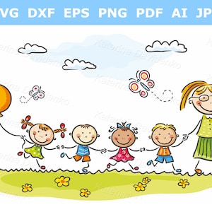 Niños felices y su maestra en un paseo. Clipart de niños de jardín de infantes. Clipart de niños en edad preescolar. Personajes de dibujos animados dibujados a mano