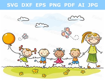 Happy little kids and their teacher on a walk. Kindergarten children clipart. Preschool children clipart. Doodle cartoon characters