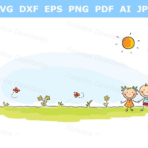 Cute cartoon kids clipart, horizontal banner. Happy children with copy space. Hand drawn vector illustration