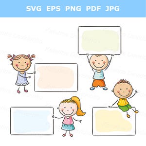 Conjunto de imágenes prediseñadas de letreros en blanco. Niños garabateados con letreros en blanco. Niños felices de dibujos animados sosteniendo un cartel con espacio para sus mensajes de texto.