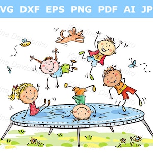 Imágenes prediseñadas de niños de dibujos animados felices, lindos y divertidos garabatos de niños saltando en trampolín, imágenes prediseñadas de niños, ilustración vectorial de actividad infantil